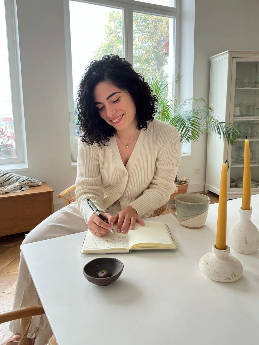 Iris writing at her desk